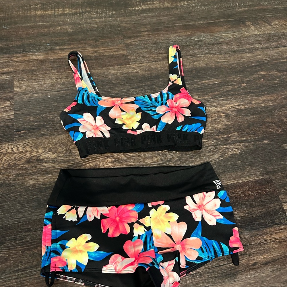 PINK Victoria's Secret Black Floral Bikini Set with Pink, Yellow & Blue Flowers
